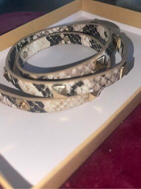 Gold-Studded Snake-Print Wrap Bracelet in Beige and Black